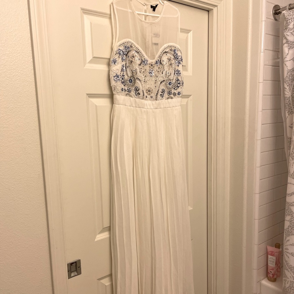 Long White Pleaded Dress with Blue Sequence Top